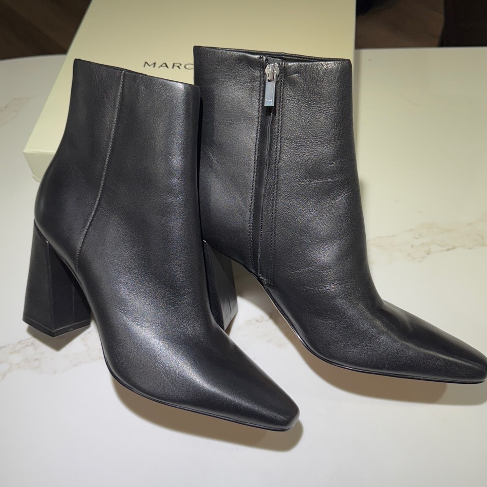🥳NEW MARC FISHER Mlyanara 3 1/2” Heel Leather Ankle Boots, Black - Picture 3 of 16